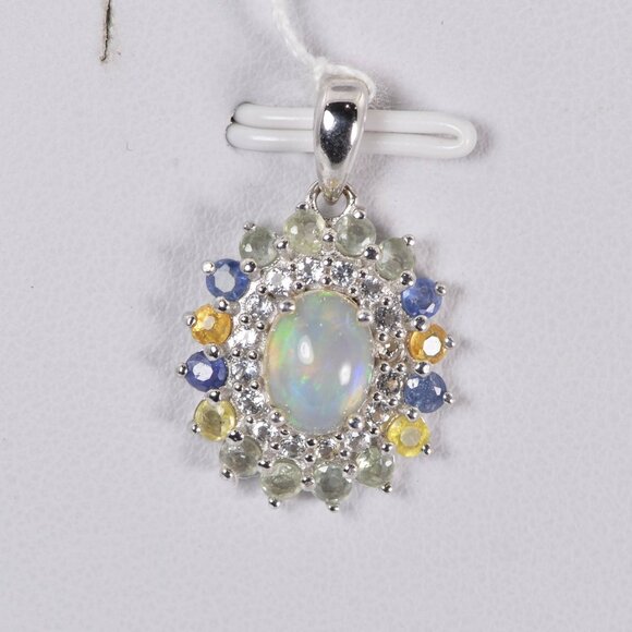 Natural Ethopian Opal w Natural Sapphire & White Topaz Pendant925 Sterling